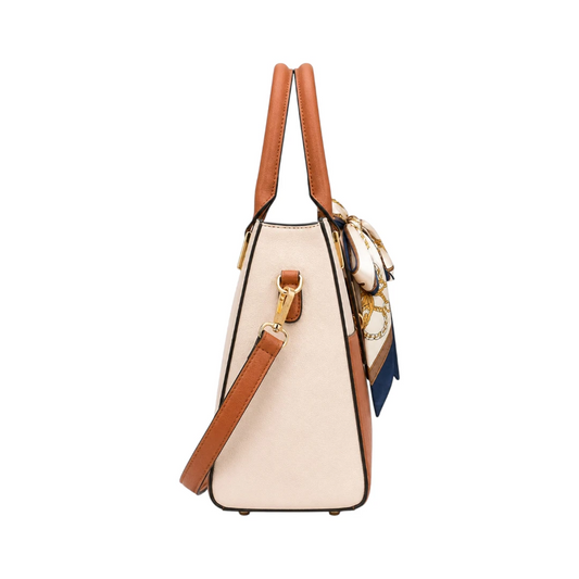 StylishBag Brown Elegant Two-Tone Structured Top Handle Handbag with Silk Scarf