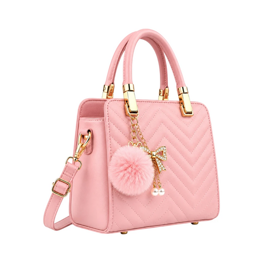 StylishBag Luxury Pink Quilted Top Handle Handbag with Fur Charm