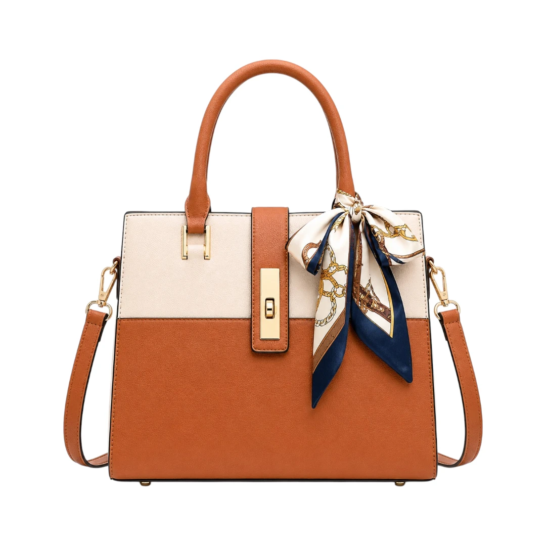 StylishBag Brown  Elegant Two-Tone Structured Top Handle Handbag with Silk Scarf