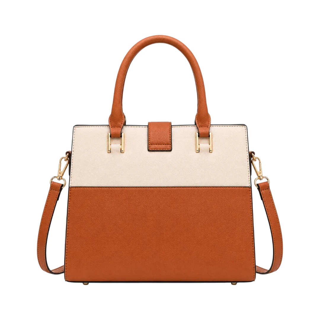StylishBag Brown  Elegant Two-Tone Structured Top Handle Handbag with Silk Scarf