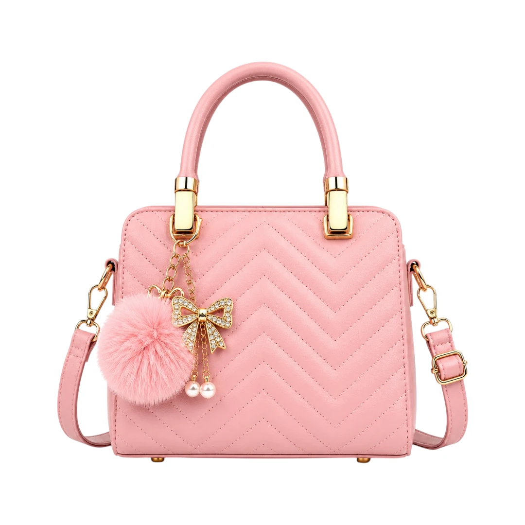 StylishBag Luxury Pink Quilted Top Handle Handbag with Fur Charm