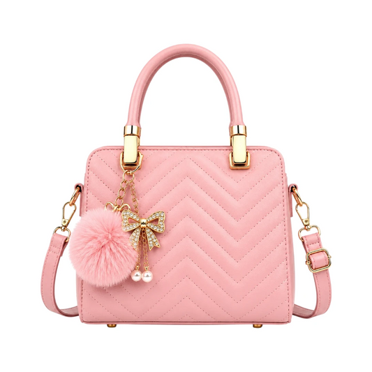 StylishBag Luxury Pink Quilted Top Handle Handbag with Fur Charm