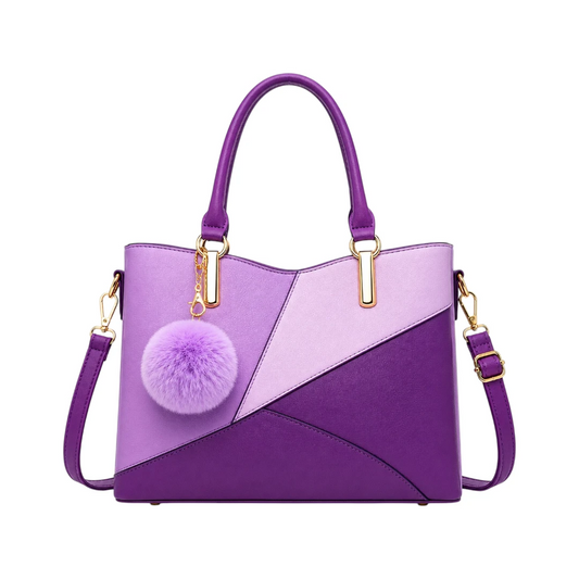 StylishBag Luxury Purple Colorblock Tote Handbag with Pom-Pom Charm