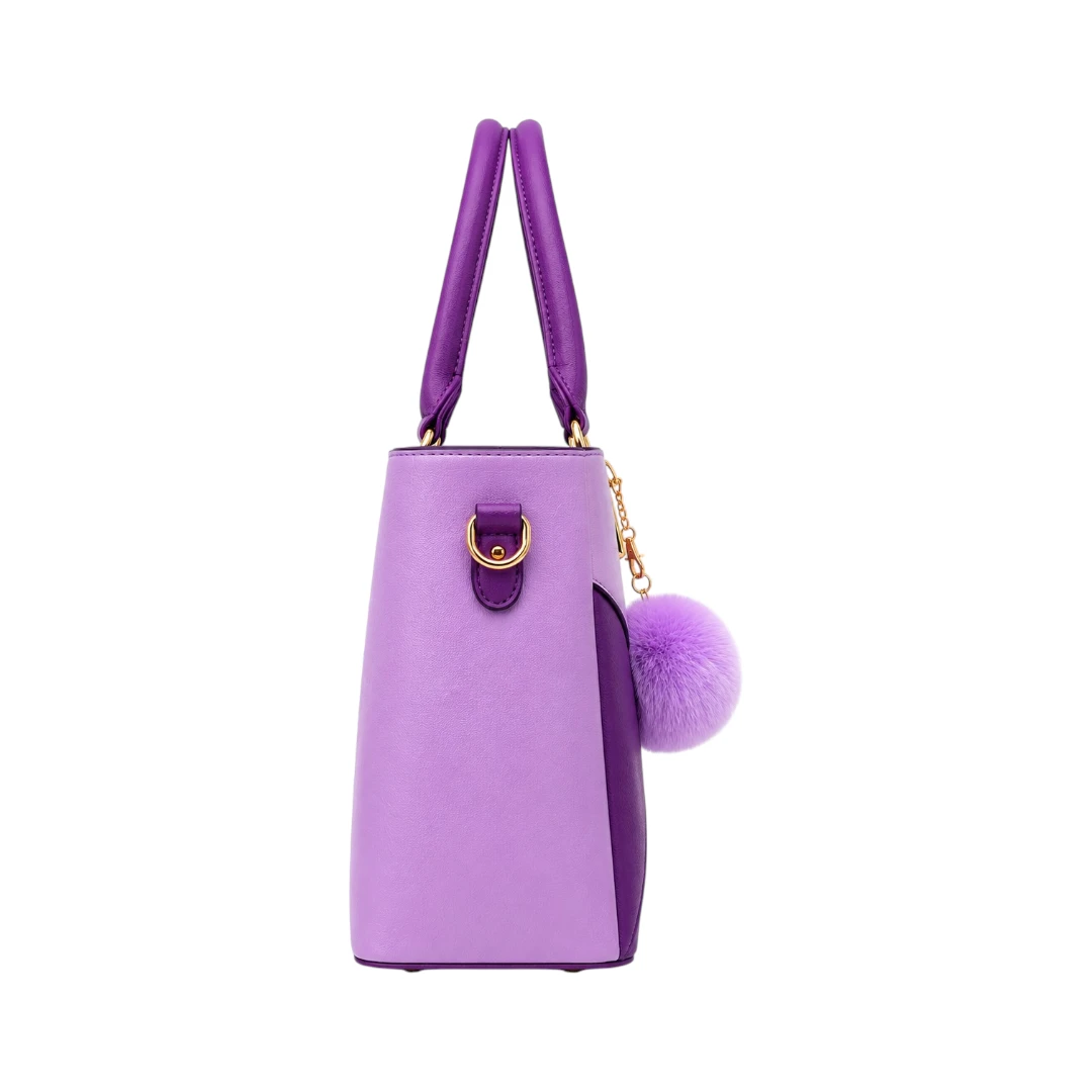 StylishBag Luxury Purple Colorblock Tote Handbag with Pom-Pom Charm
